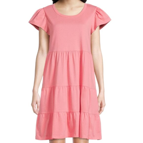 NWT Time and Tru Women's Coral Rose Short Sleeve Tiered Knit Dress, size L 12-14 - Picture 1 of 5